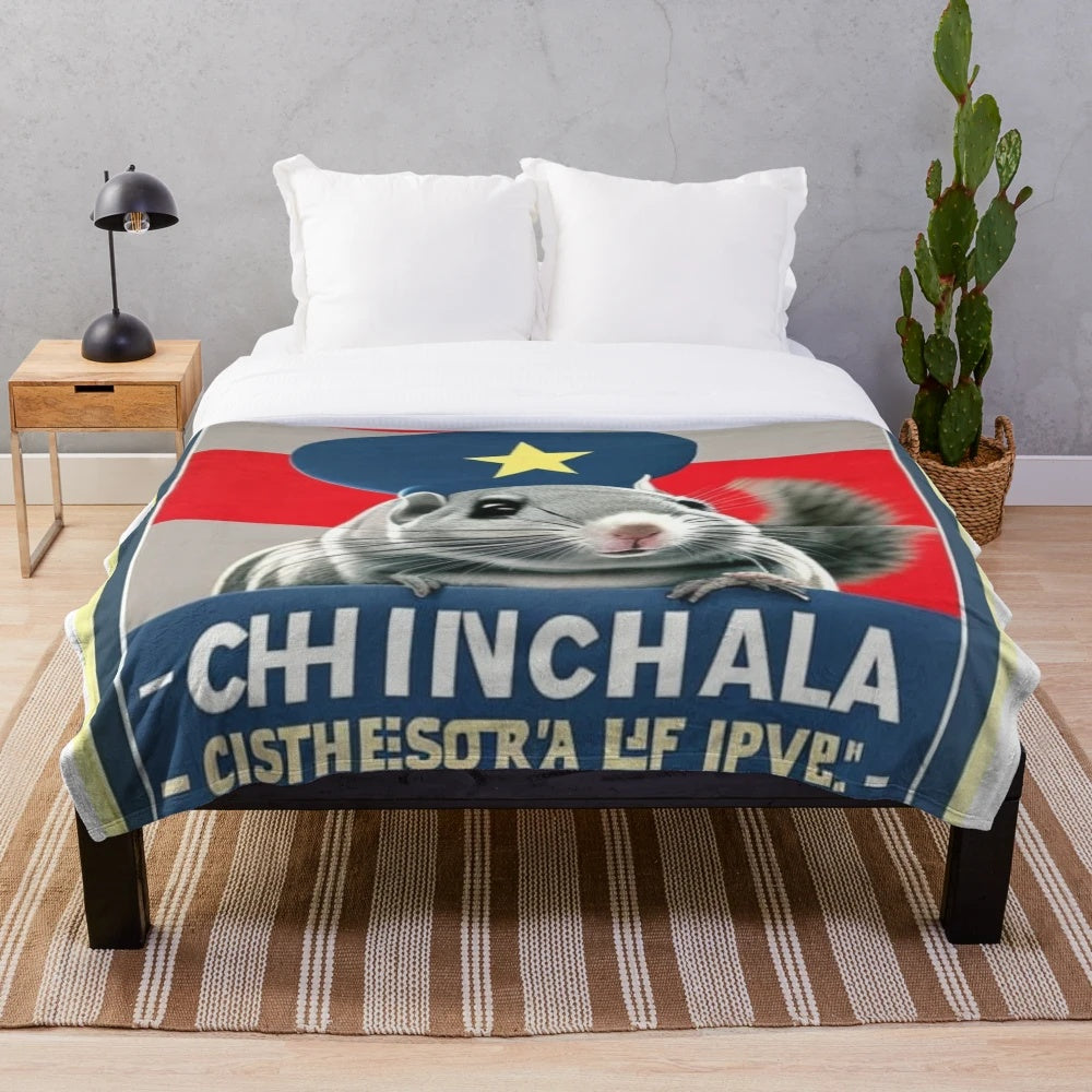 A colorful and stylish plush blanket featuring a chinchilla in sunglasses and a political campaign-style poster.