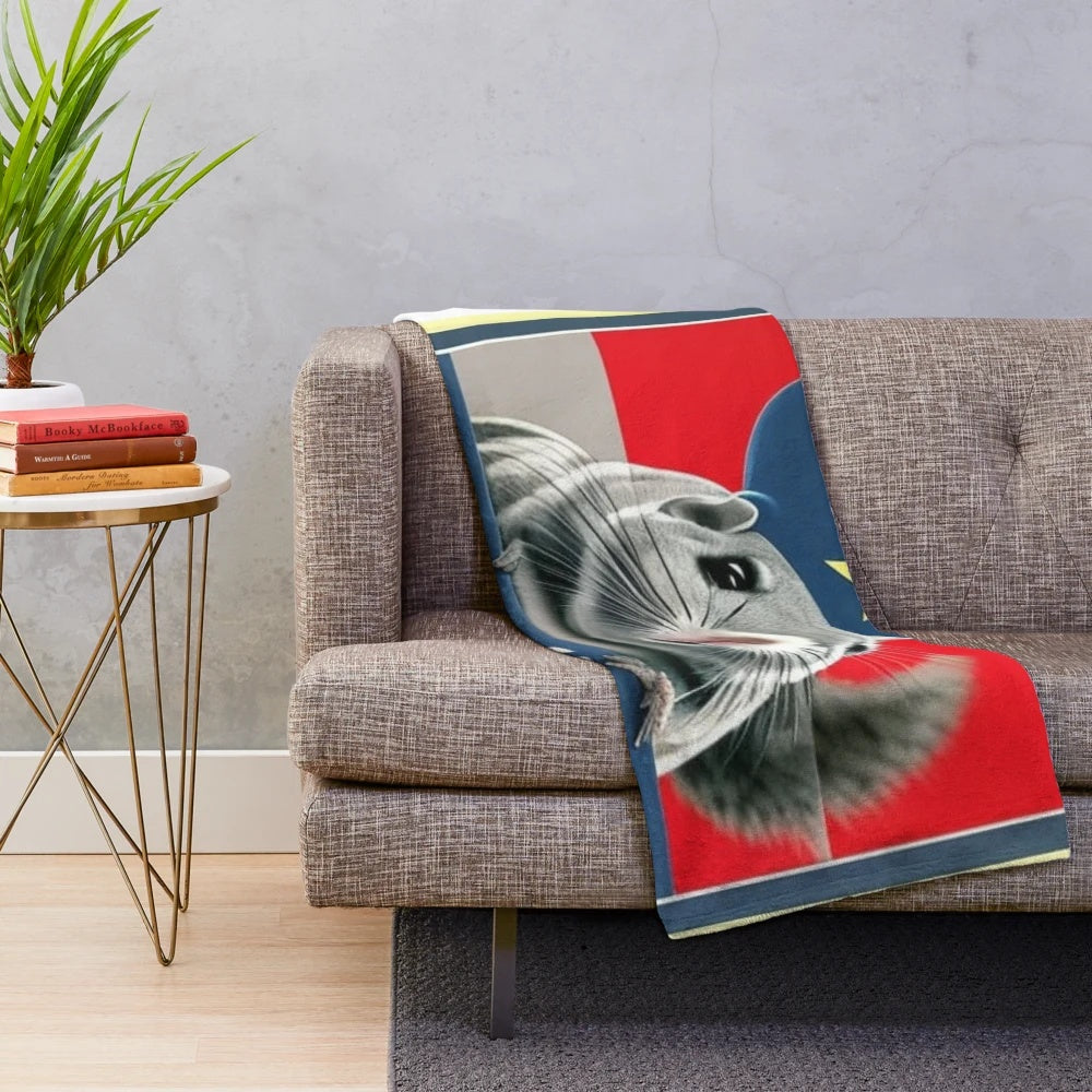 A colorful and stylish plush blanket featuring a chinchilla in sunglasses and a political campaign-style poster.