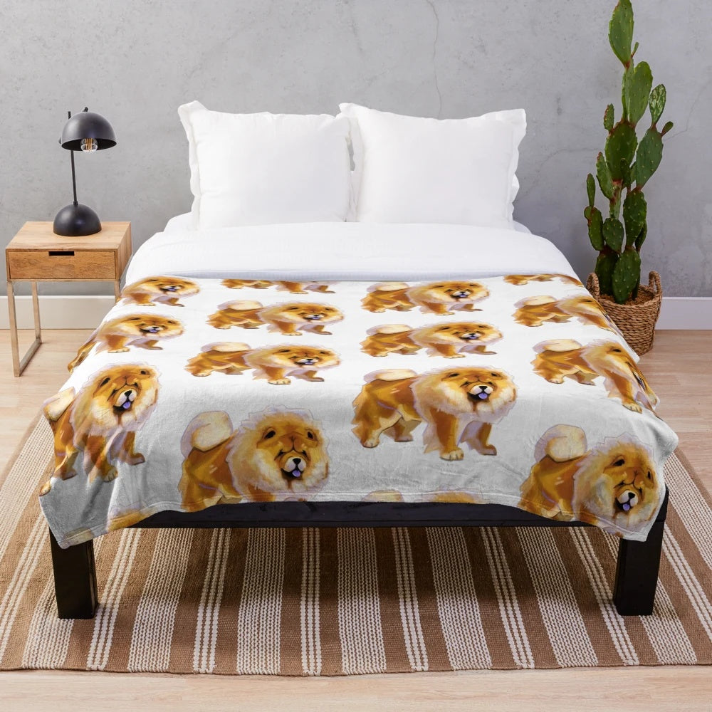 Chow chow plush blanket with a cute, stylized design of the fluffy Asian dog breed