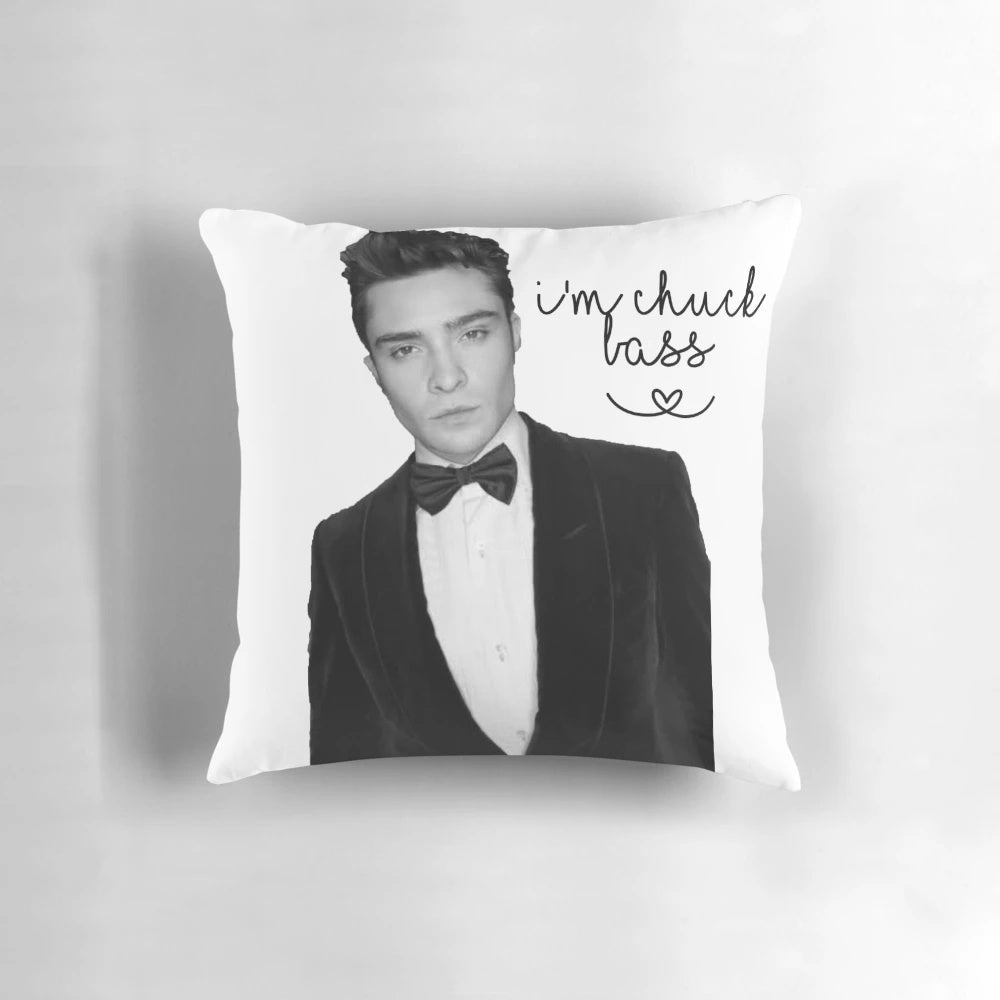 "Decorative pillow featuring the character Chuck Bass from the TV series Gossip Girl"