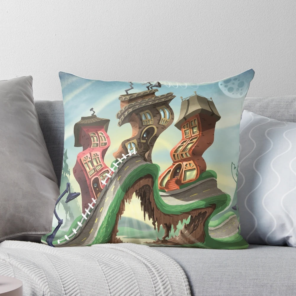 Decorative throw pillow featuring a vibrant cityscape design