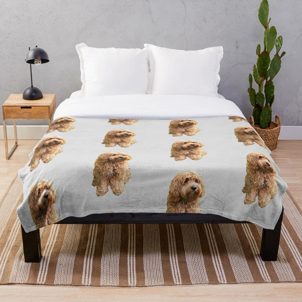 Soft and cozy plush blanket featuring a cute cockapoo or cockerpoo design