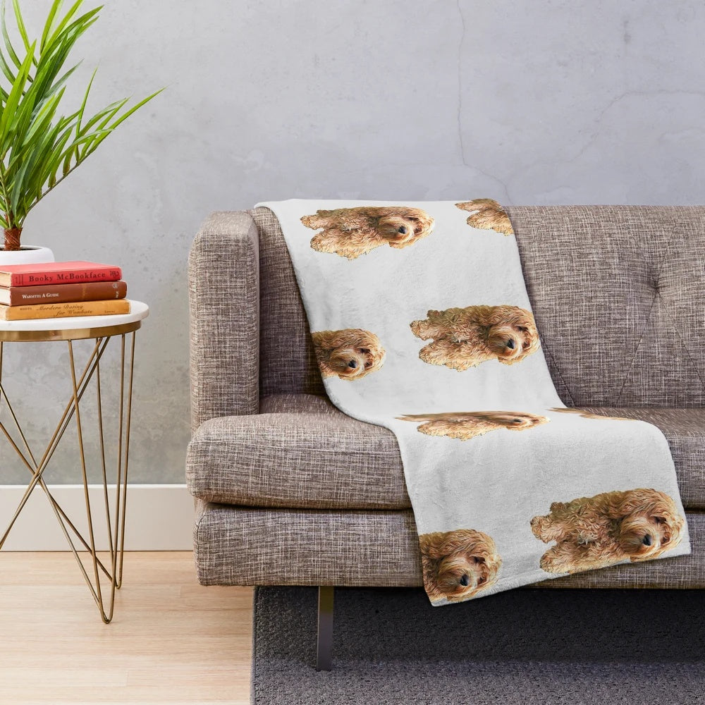 Soft and cozy plush blanket featuring a cute cockapoo or cockerpoo design