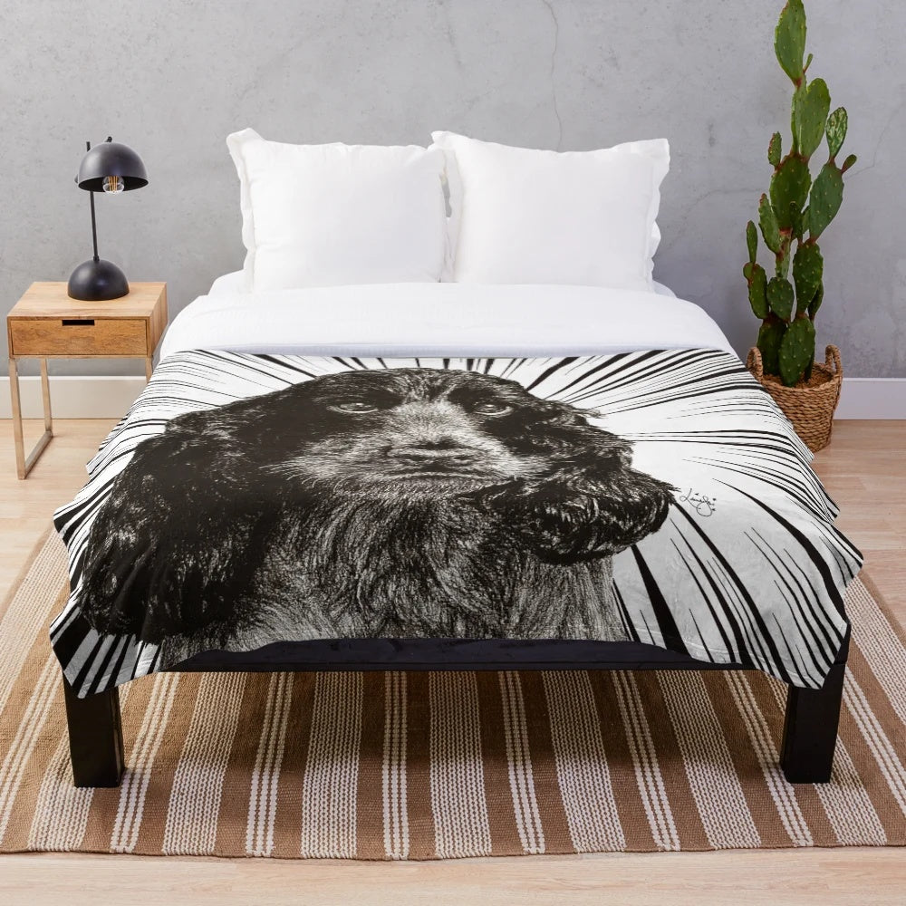 Cocker Spaniel Plush Blanket with Artistic Black and White Dog Design