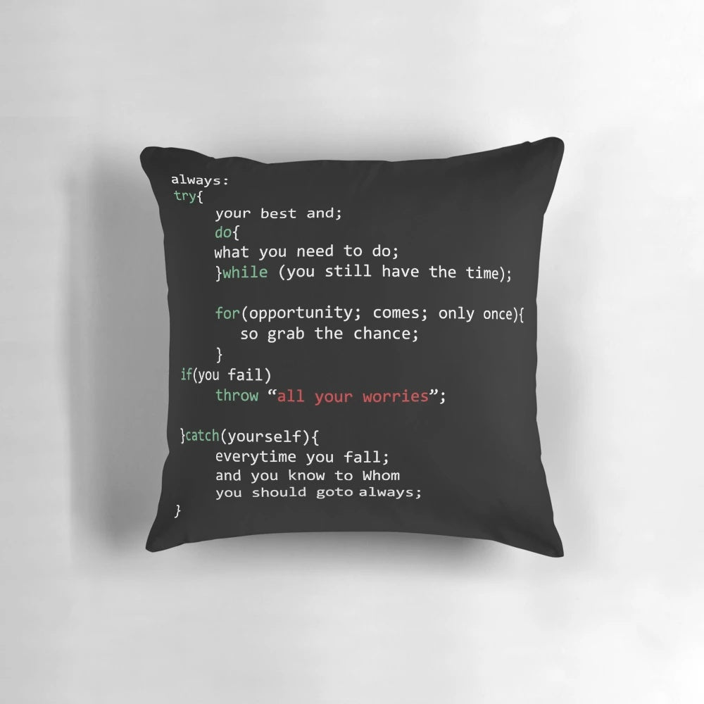 Cozy coder pillow with programming-inspired design