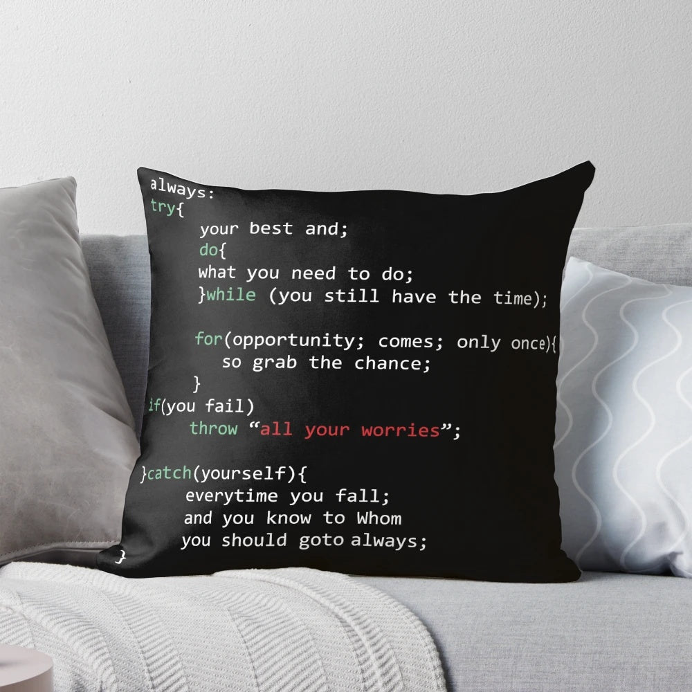 Cozy coder pillow with programming-inspired design