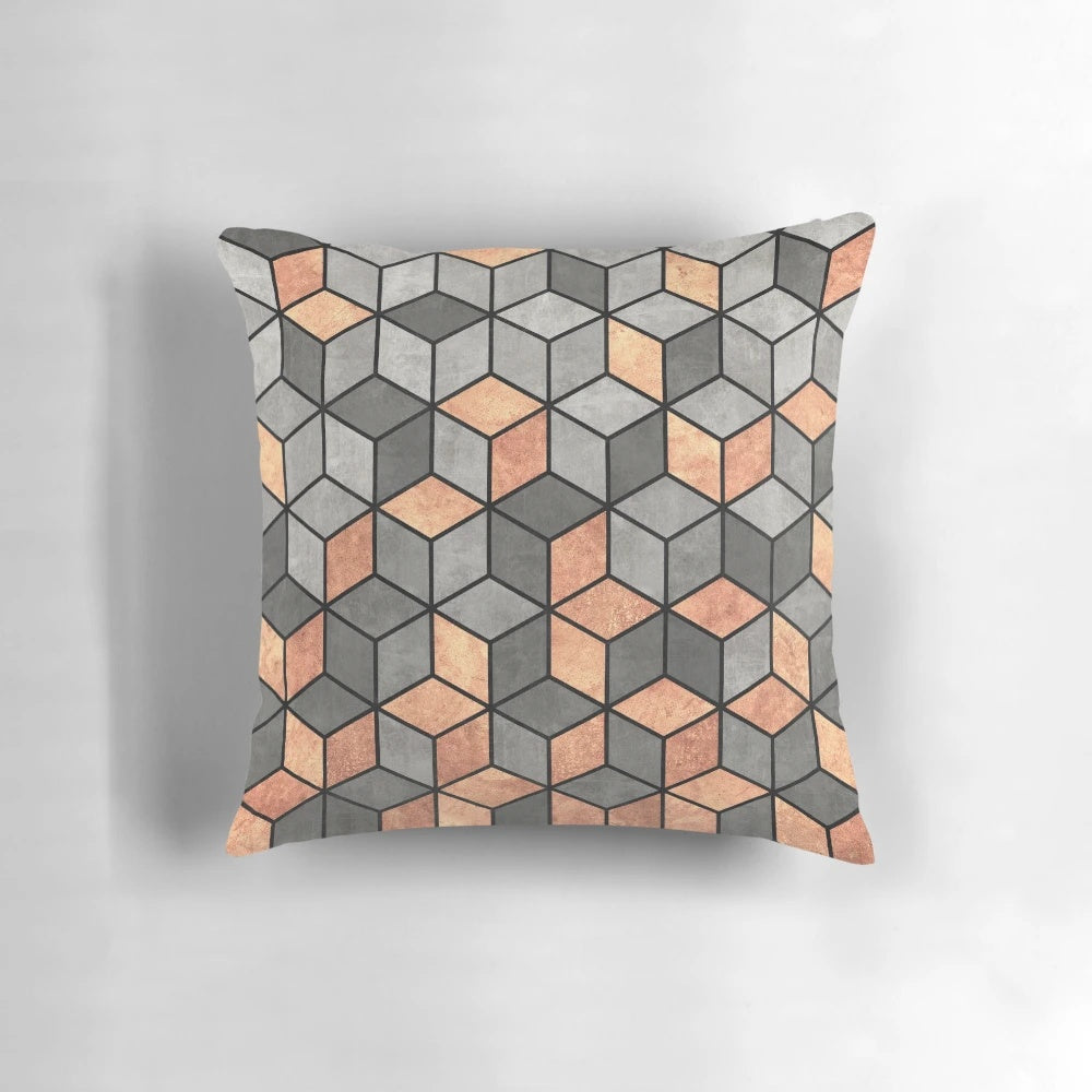 Concrete and copper cubed design throw pillow with a unique hexagonal pattern for industrial-inspired home decor