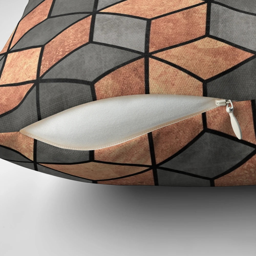 Concrete and copper cubed design throw pillow with a unique hexagonal pattern for industrial-inspired home decor