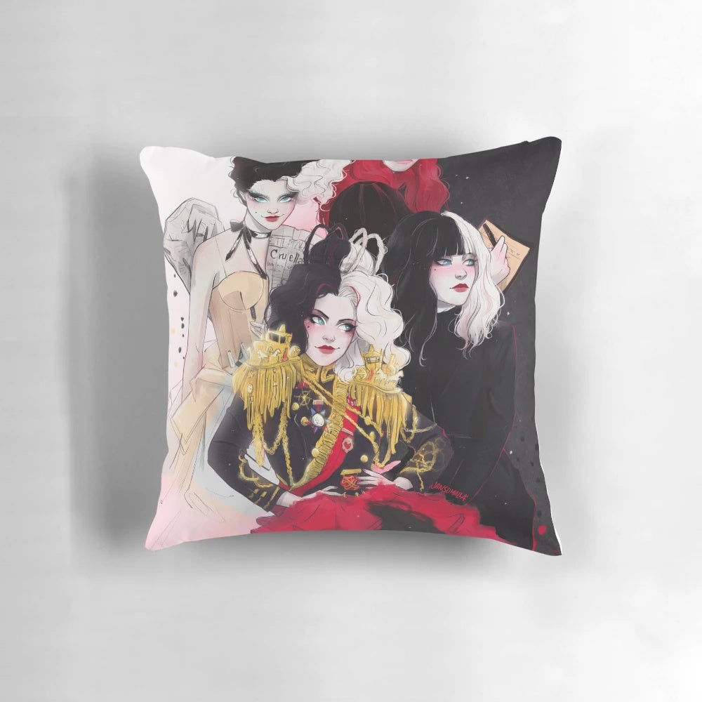 Fashionable black and white Cruella de Vil themed pillow with dog fur print
