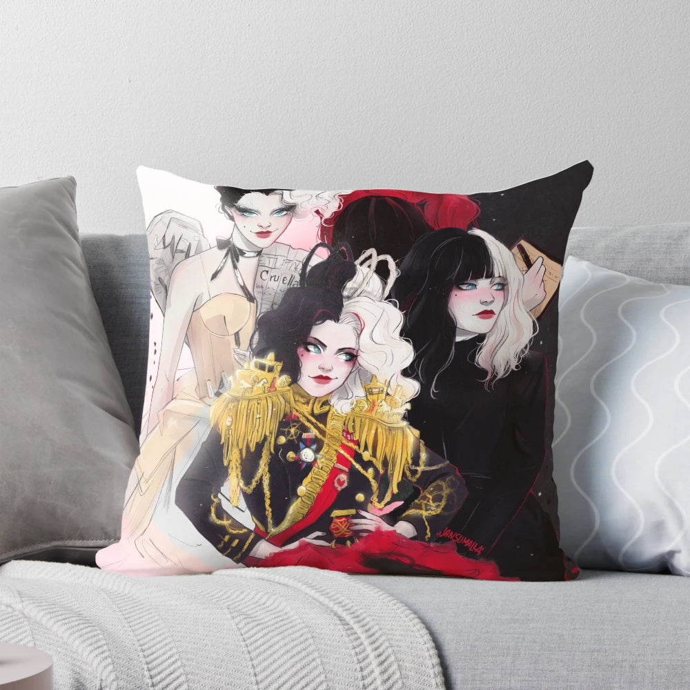 Fashionable black and white Cruella de Vil themed pillow with dog fur print