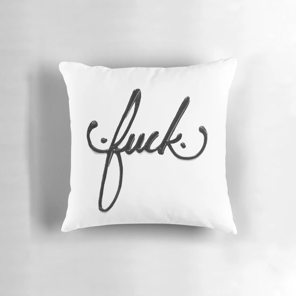 Cursive text accent pillow with a simple, black and white grunge design