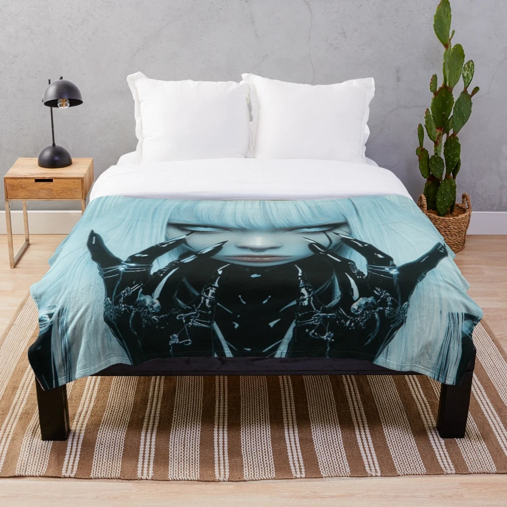 Cyberpunk-inspired plush blanket with anime/goth-inspired design