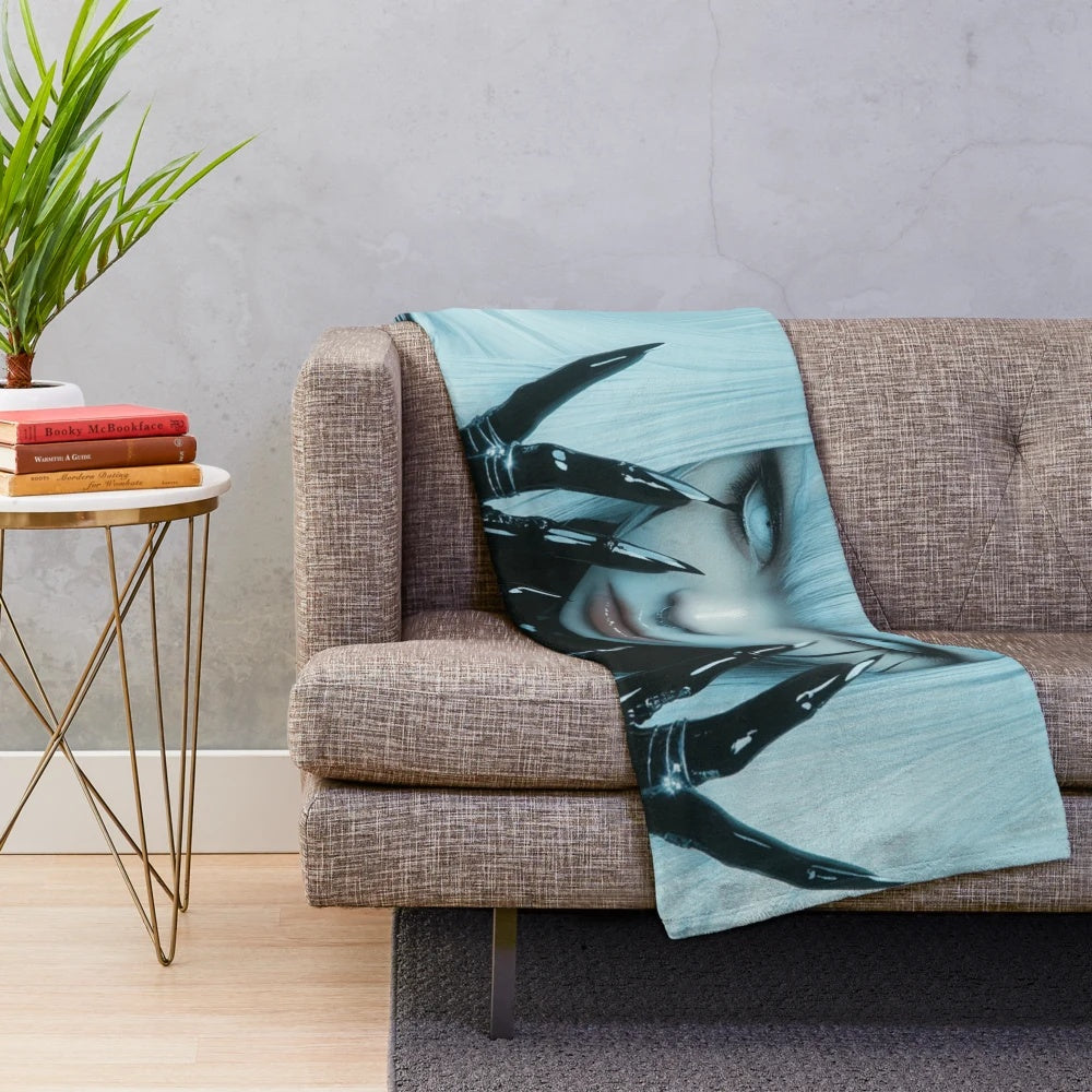Cyberpunk-inspired plush blanket with anime/goth-inspired design