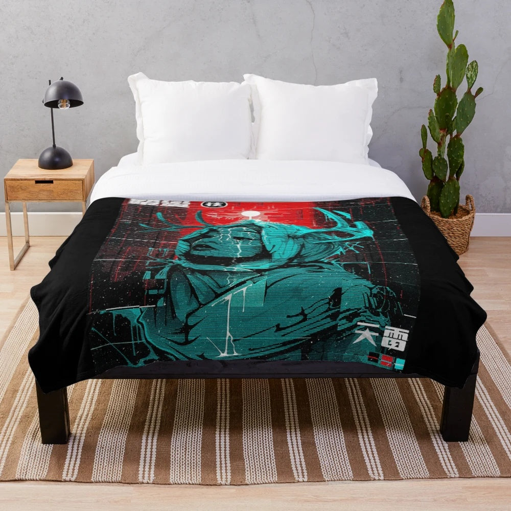 Cyberpunk glitch style plush blanket with futuristic urban design
