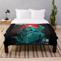 Cyberpunk glitch style plush blanket with futuristic urban design