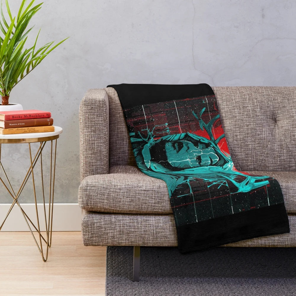 Cyberpunk glitch style plush blanket with futuristic urban design