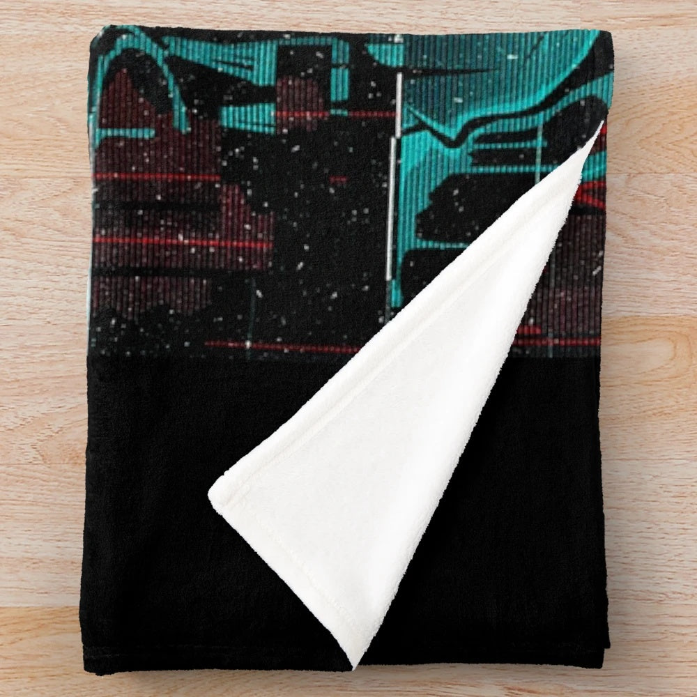 Cyberpunk glitch style plush blanket with futuristic urban design
