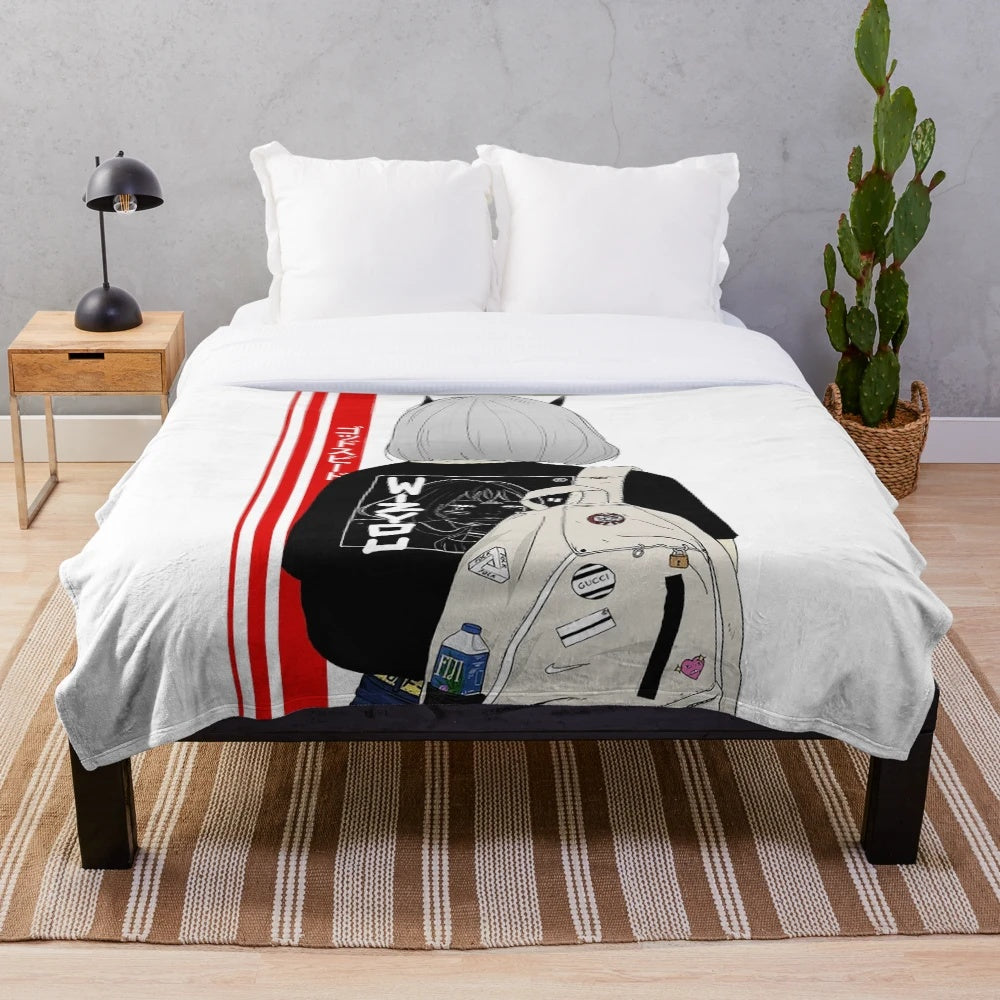Japanese cyberpunk-inspired plush blanket featuring a stylish samurai girl