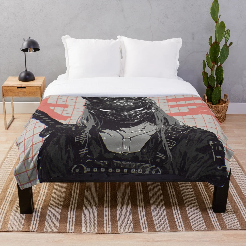 Cyberpunk-inspired plush blanket with samurai and pop art design