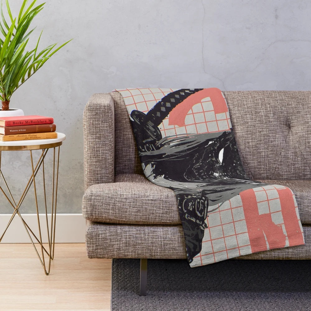 Cyberpunk-inspired plush blanket with samurai and pop art design