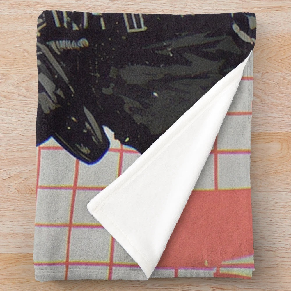 Cyberpunk-inspired plush blanket with samurai and pop art design