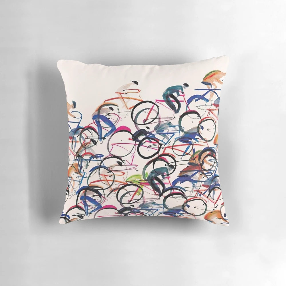 Colorful cycling-themed decorative pillow with a vintage cycling design