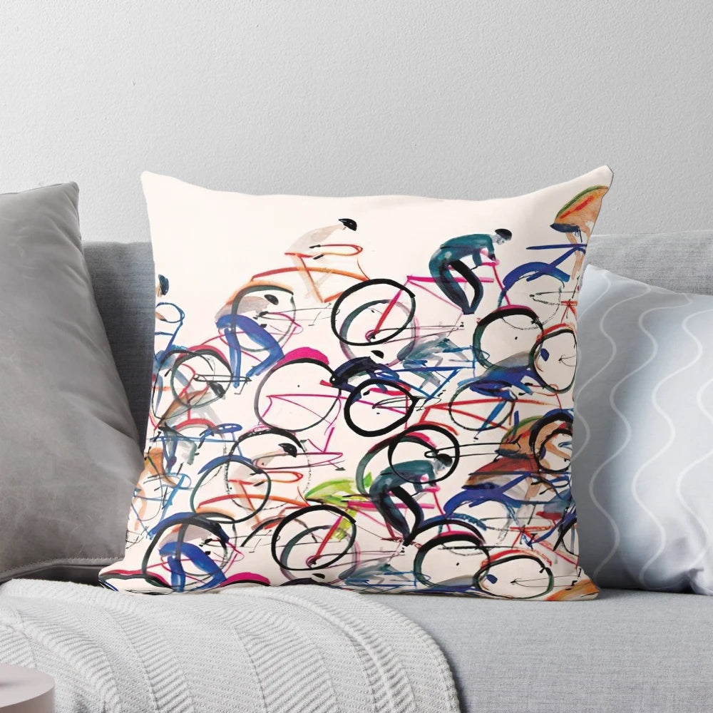 Colorful cycling-themed decorative pillow with a vintage cycling design
