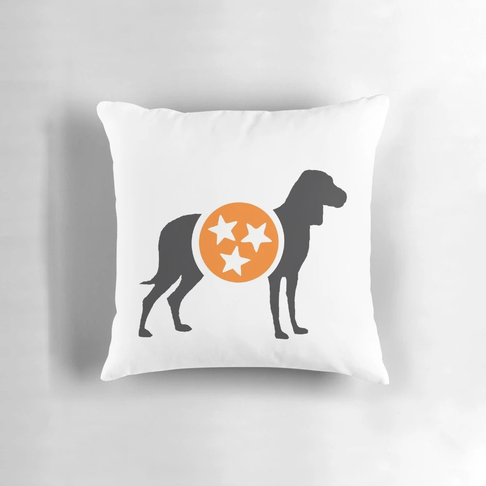 Dark gray hound with orange and white tri-star design decorative pillow