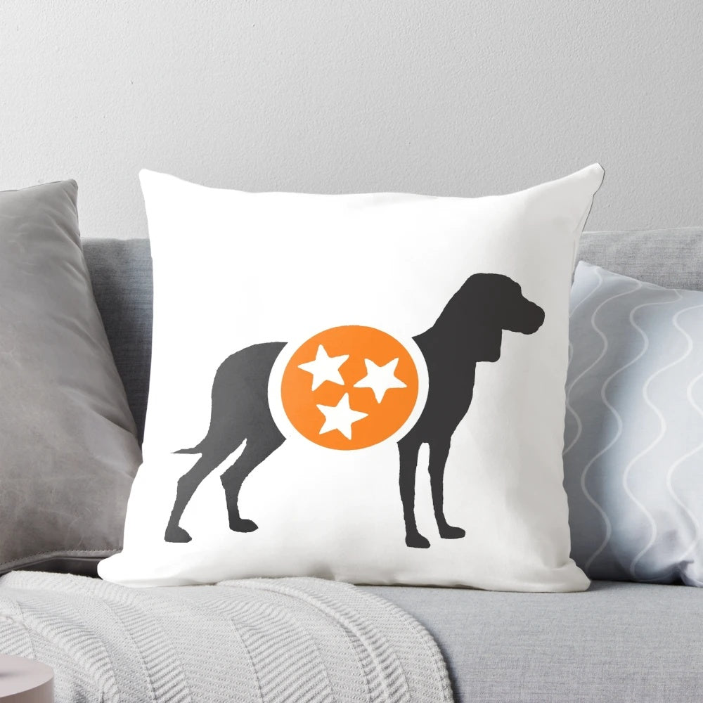 Dark gray hound with orange and white tri-star design decorative pillow