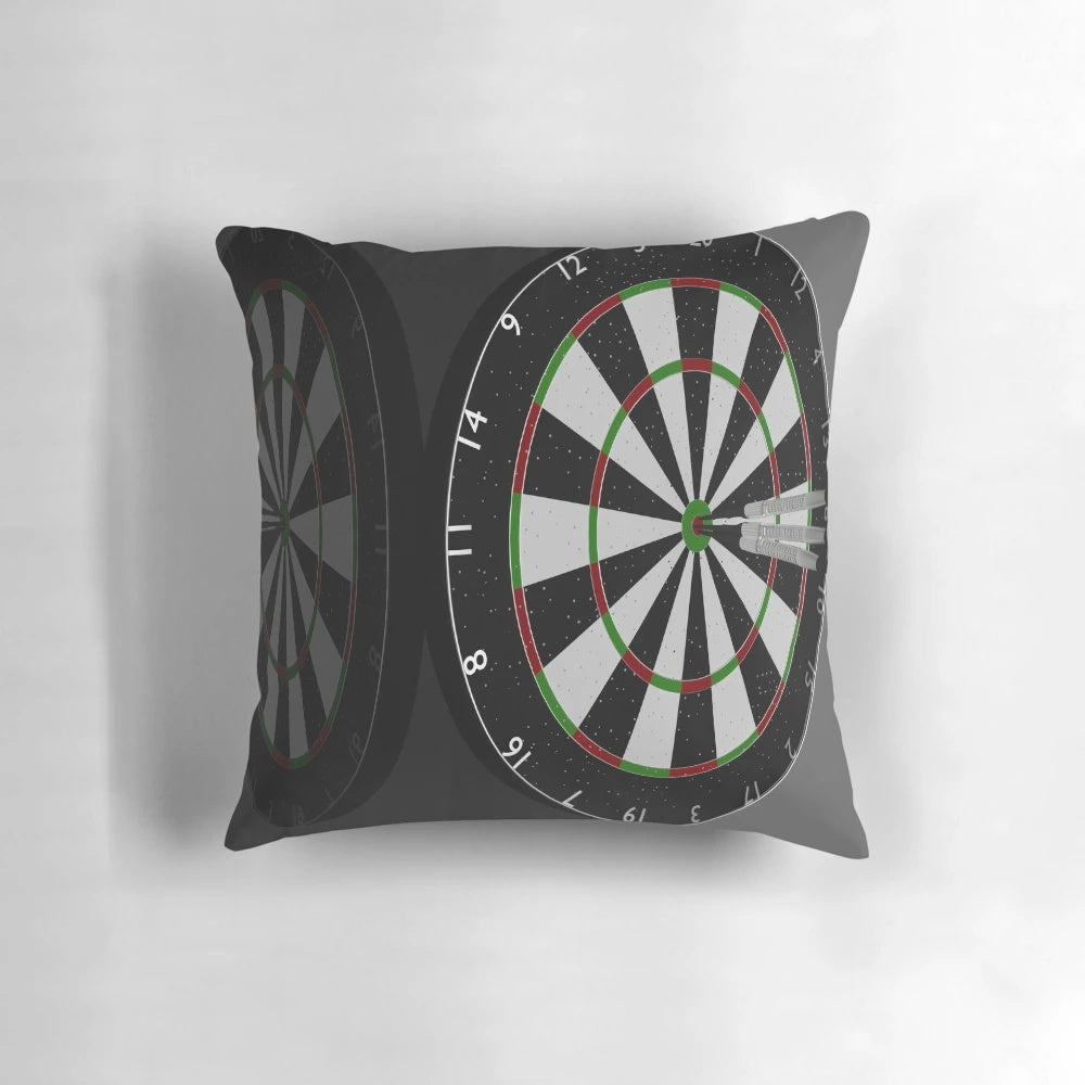 Decorative dart-themed pillow with a dark, modern design
