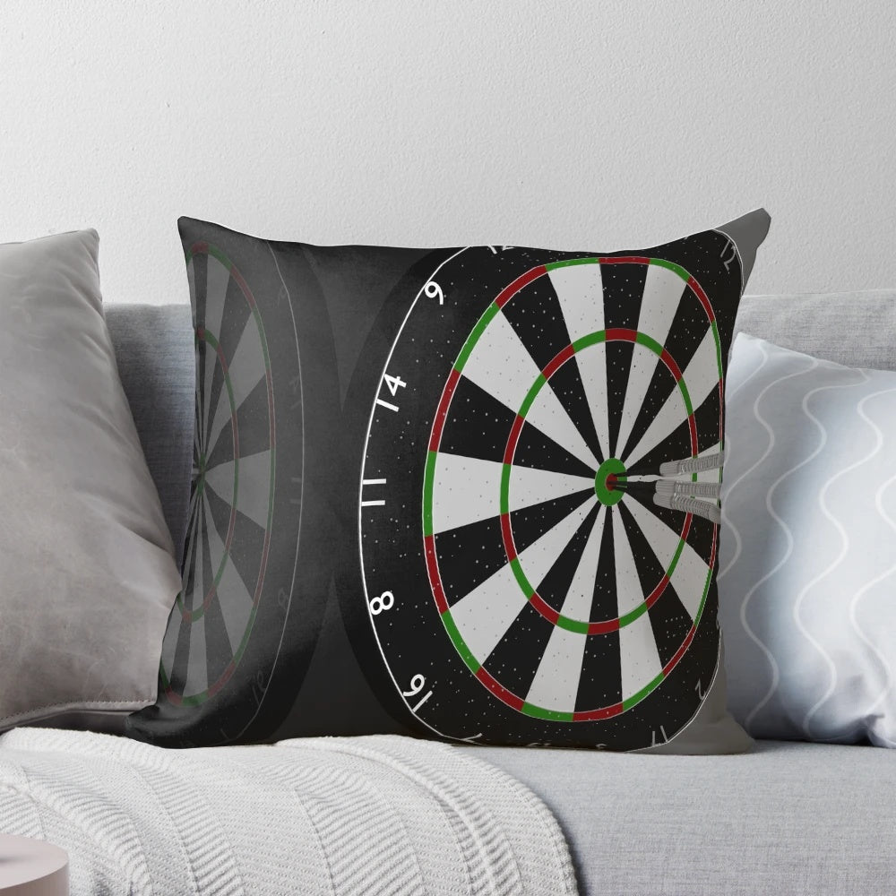 Decorative dart-themed pillow with a dark, modern design