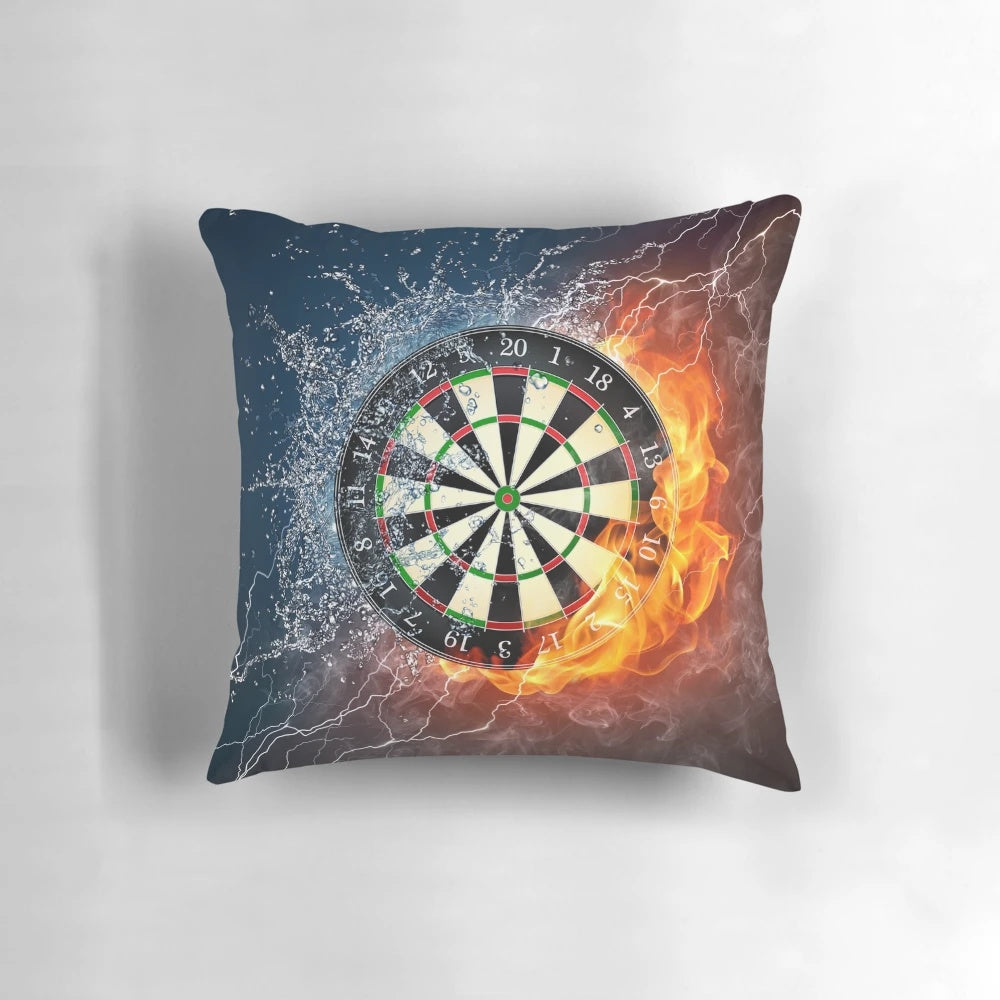 Fire and ice themed dartboard design on a cozy throw pillow