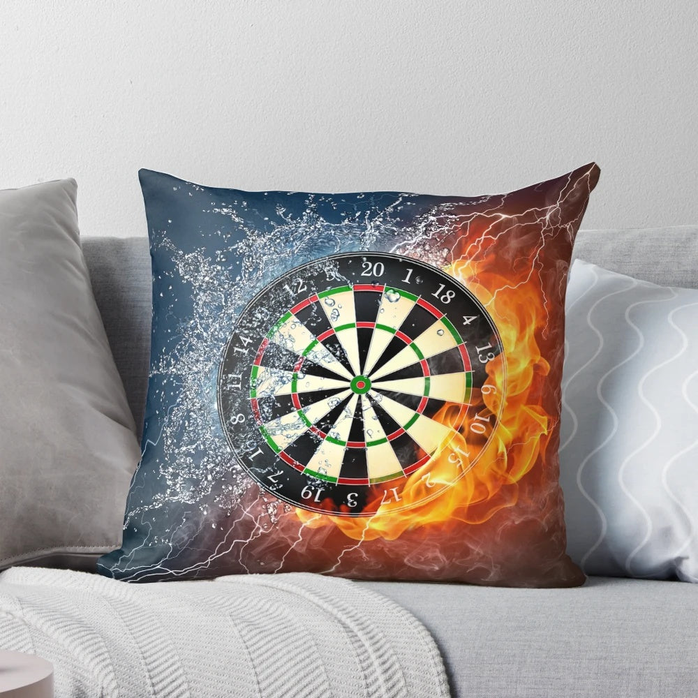 Fire and ice themed dartboard design on a cozy throw pillow