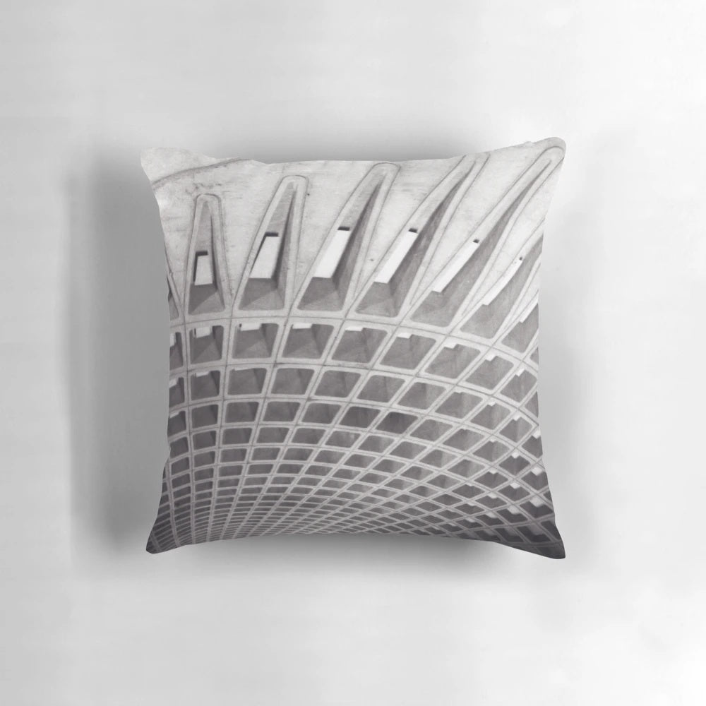 A black and gray throw pillow featuring a graphic design of the DC metro tunnel system, perfect for modern home decor.