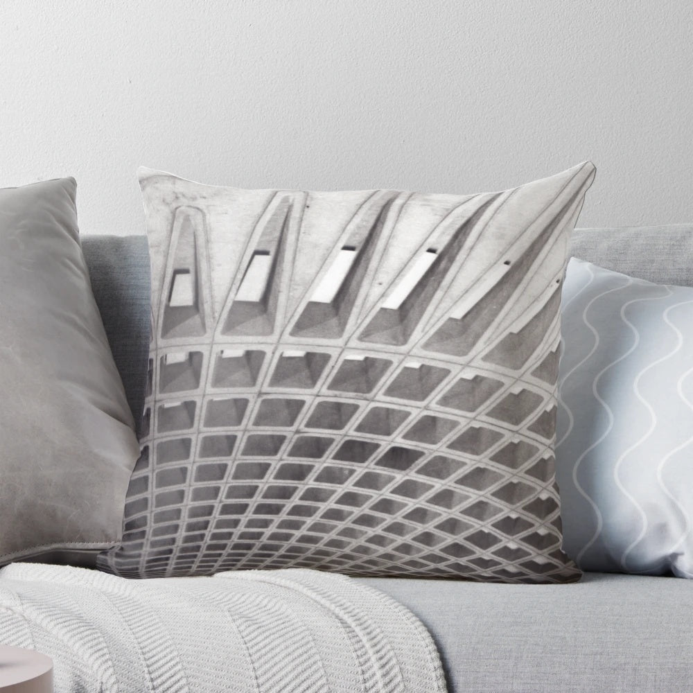 A black and gray throw pillow featuring a graphic design of the DC metro tunnel system, perfect for modern home decor.