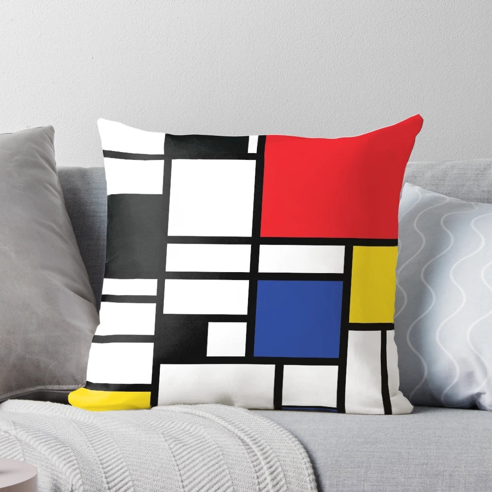 De Stijl-inspired primary color pillow with a Mondrian-style design