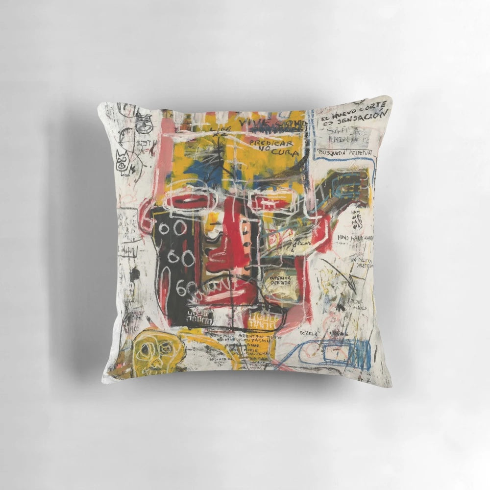 A high-quality delete zone pillow featuring a portrait and skull design