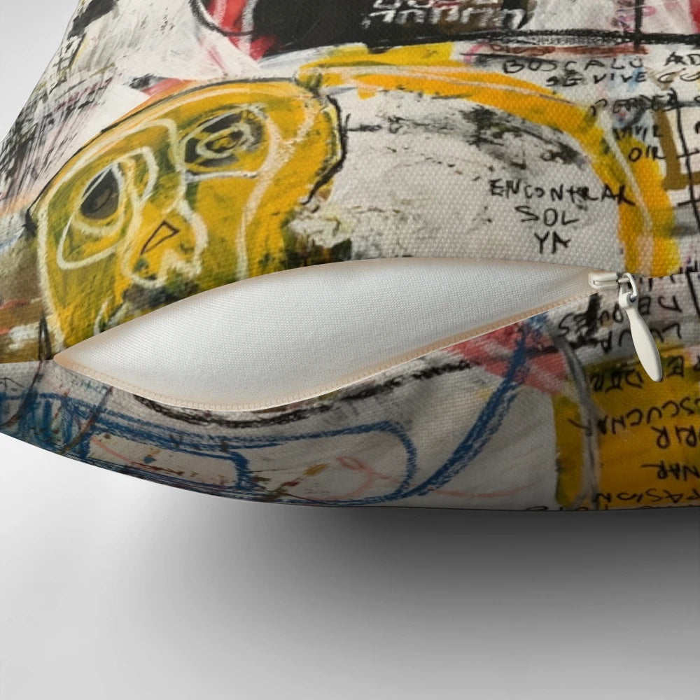 A high-quality delete zone pillow featuring a portrait and skull design