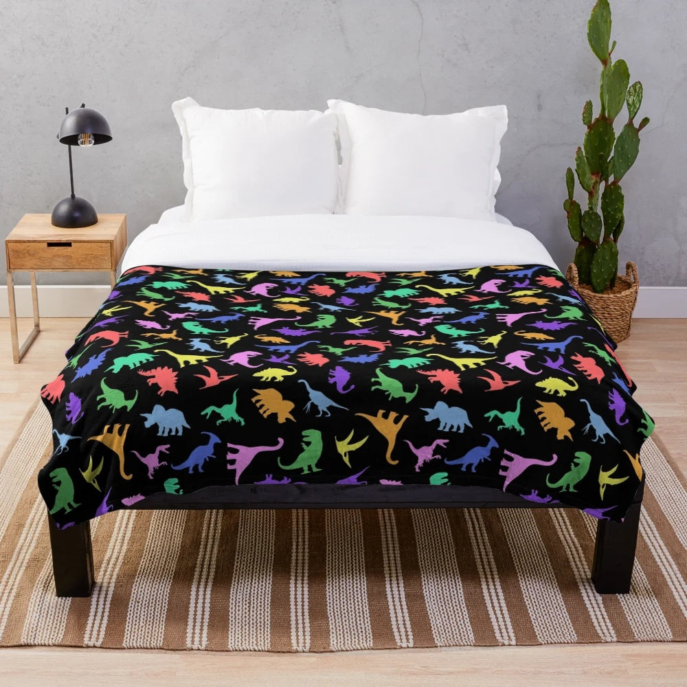 Cozy dinosaur pattern plush blanket with black background