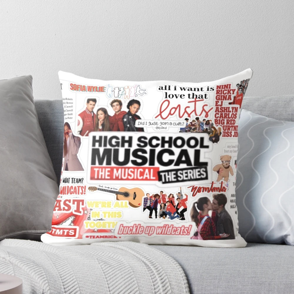 Colorful Disney-inspired High School Musical the Musical the Series collage printed on a decorative pillow