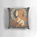 Decorative art nouveau-style throw pillow featuring the character Amy Pond from the TV series Doctor Who