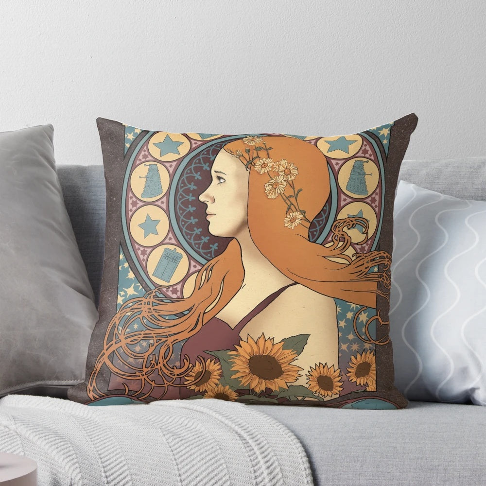 Decorative art nouveau-style throw pillow featuring the character Amy Pond from the TV series Doctor Who