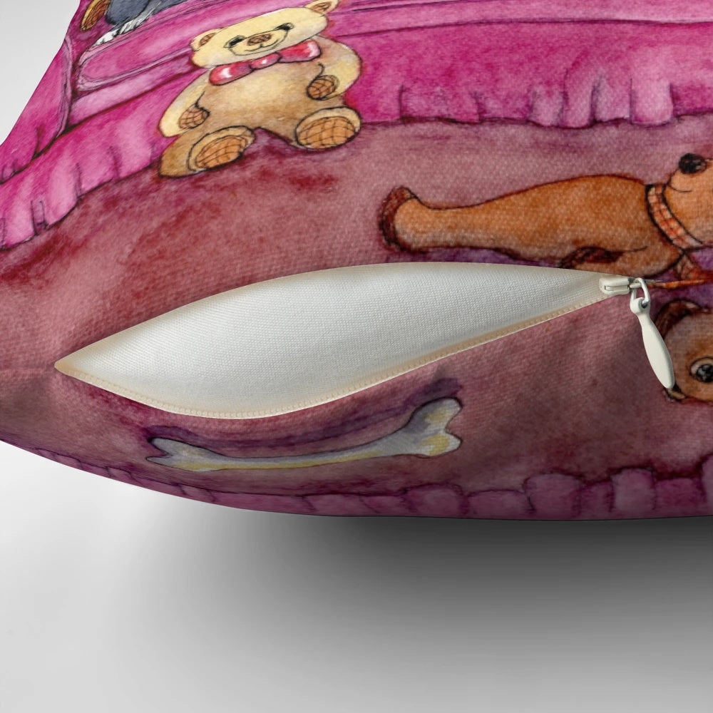 Greyhounds and whippets lounging comfortably on a sofa with a Pillow POD product