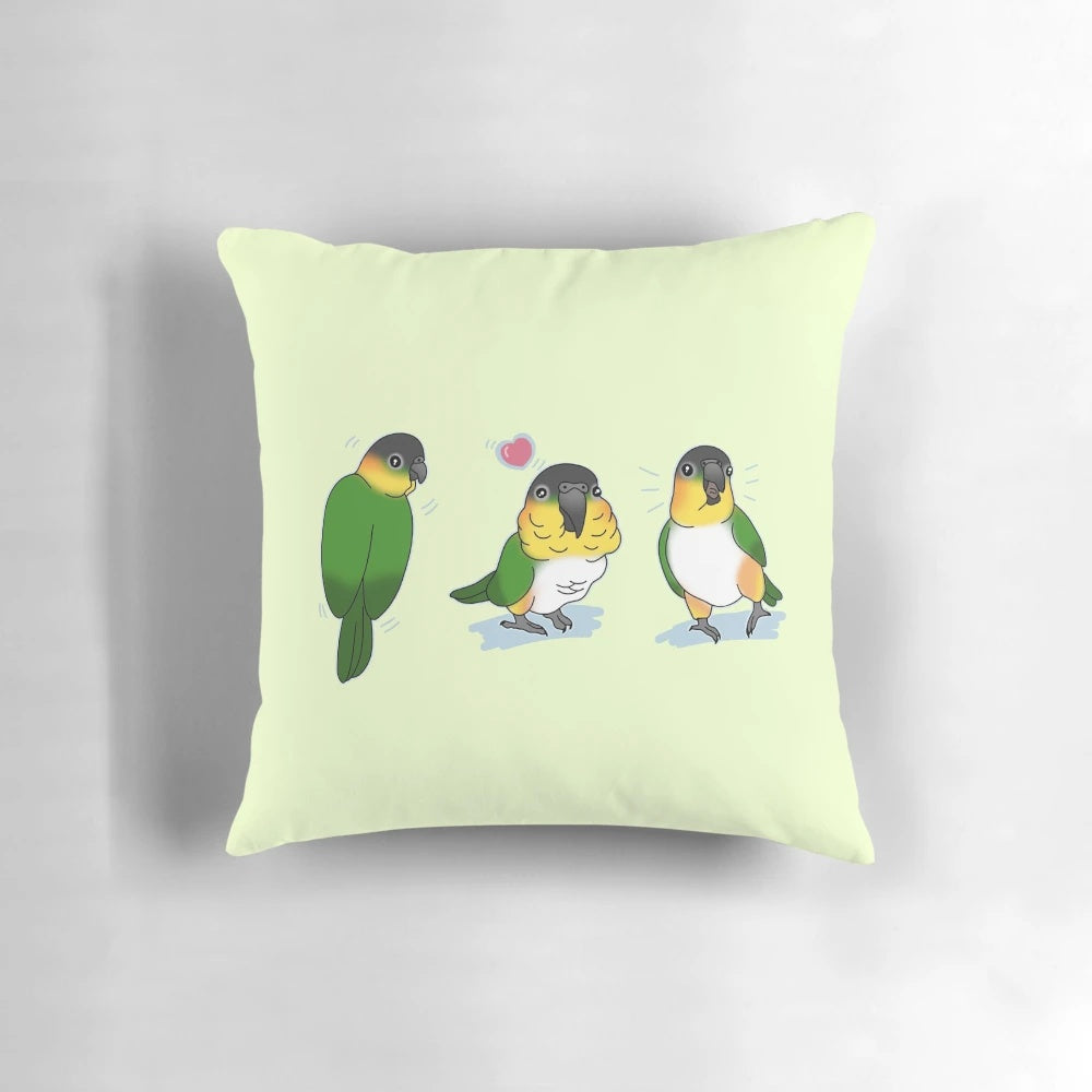 Decorative throw pillow featuring whimsical doodle illustrations of a black headed caique parrot.
