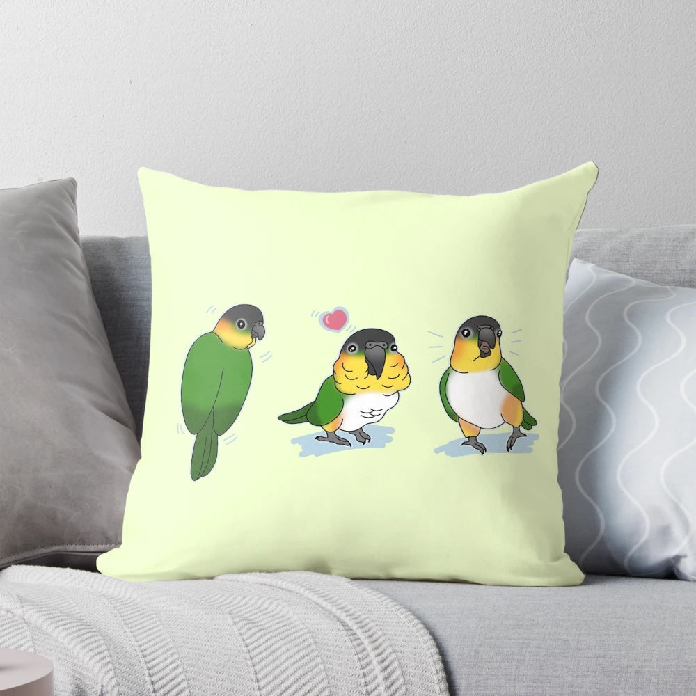 Decorative throw pillow featuring whimsical doodle illustrations of a black headed caique parrot.