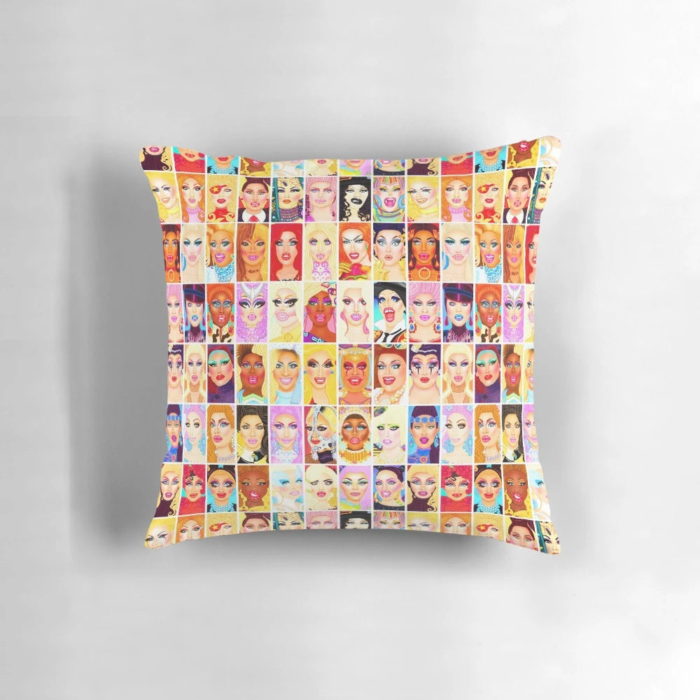 Colorful throw pillow featuring a drag queen design, ideal for adding a touch of queer style to your home.