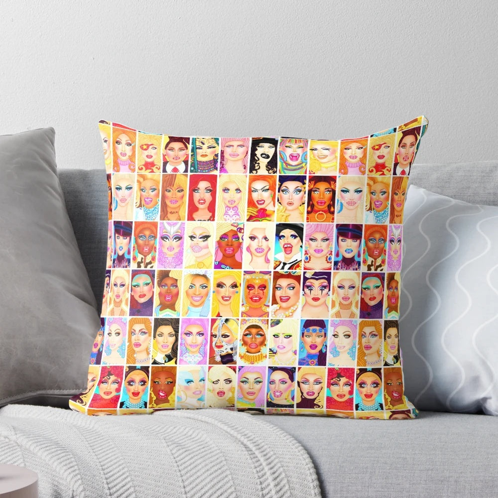 Colorful throw pillow featuring a drag queen design, ideal for adding a touch of queer style to your home.