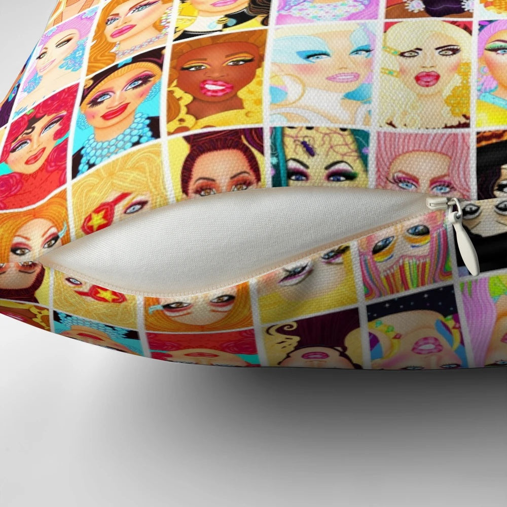 Colorful throw pillow featuring a drag queen design, ideal for adding a touch of queer style to your home.