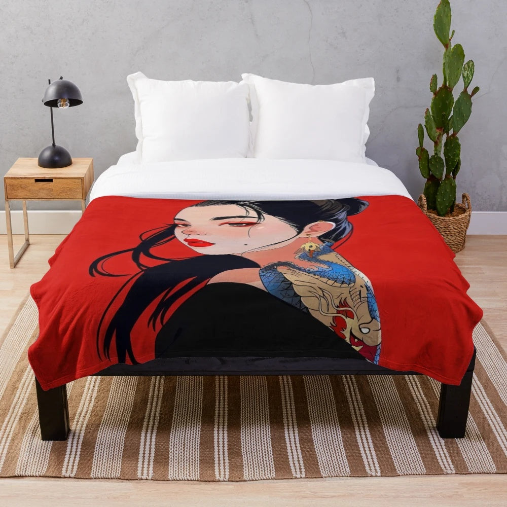 Stylish plush dragon blanket featuring a woman's portrait in a modern, pop art style