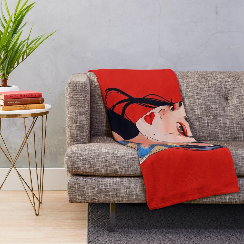 Stylish plush dragon blanket featuring a woman's portrait in a modern, pop art style